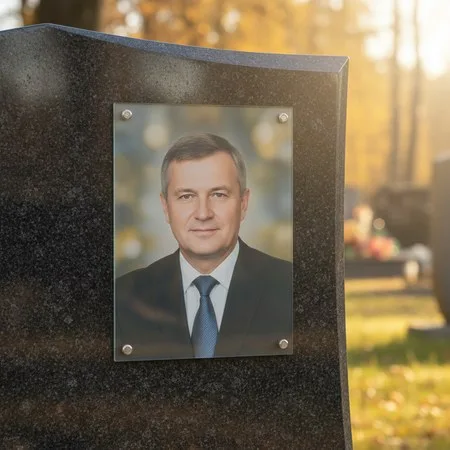Портрет на стекле на держателях на чёрном граните в Москве