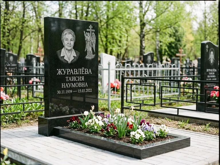 Памятник с гравировкой ангела — гравировка ангела с голубем по диагонали стелы, работа «Журавлёва» в Москве