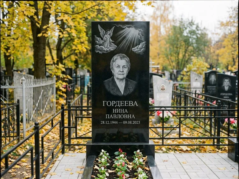 Памятник с гравировкой ангела — гравировка ангела в облаках с лучами над портретом, работа «Гордеева» в Москве