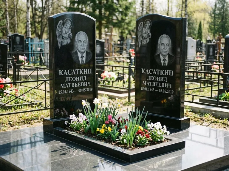 Памятник с гравировкой ангела — гравировка молящегося ангела в верхней части стелы, работа «Касаткин» в Москве