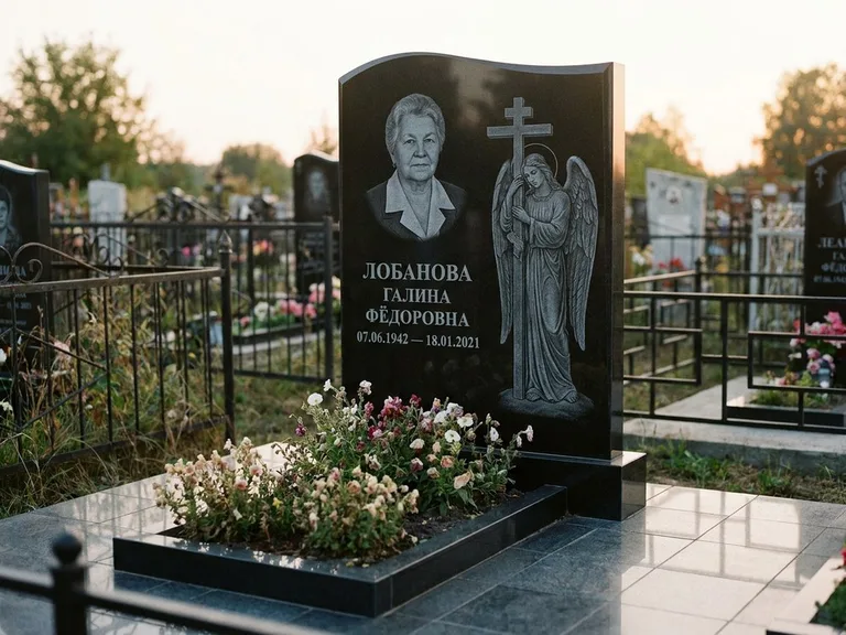 Памятник с гравировкой ангела — гравировка ангела с крестом рядом с эпитафией, работа «Лобанова» в Москве