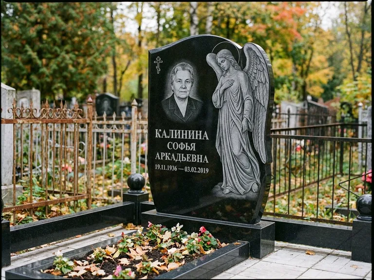 Памятник с гравировкой ангела — гравировка ангела с крестом рядом с эпитафией, работа «Игнатова» в Москве