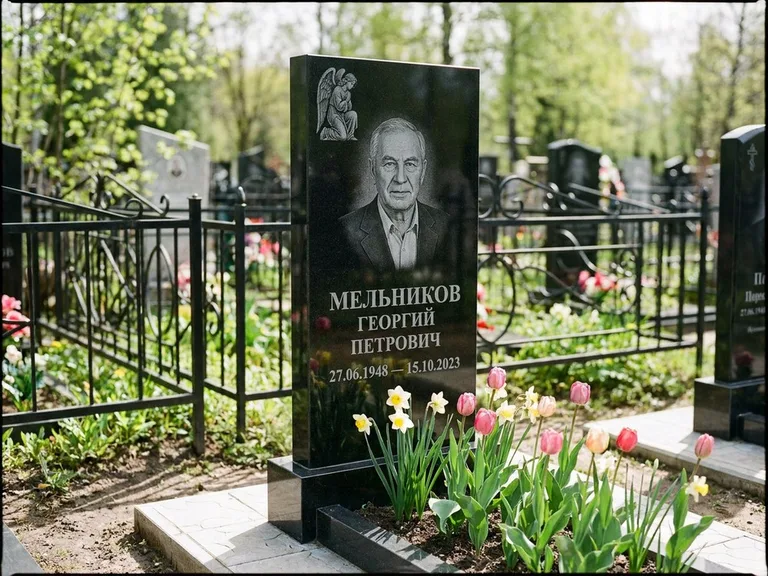 Памятник с гравировкой ангела — гравировка ангела с голубем по диагонали стелы, работа «Доронин» в Москве