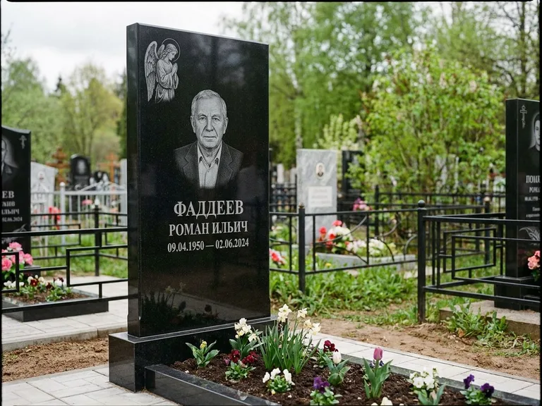 Памятник с гравировкой ангела — гравировка молящегося ангела в верхней части стелы, работа «Фаддеев» в Москве