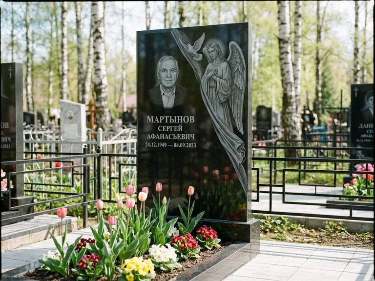 Памятник с гравировкой ангела — гравировка двух ангелов по сторонам портрета, работа «Касаткин» в Москве