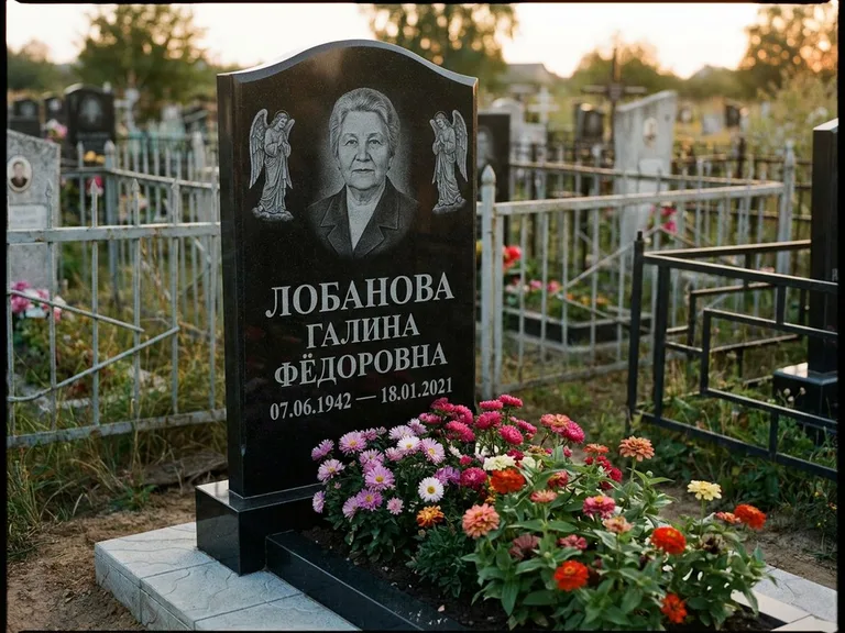 Памятник с гравировкой ангела — гравировка двух ангелов по сторонам портрета, работа «Лобанова» в Москве