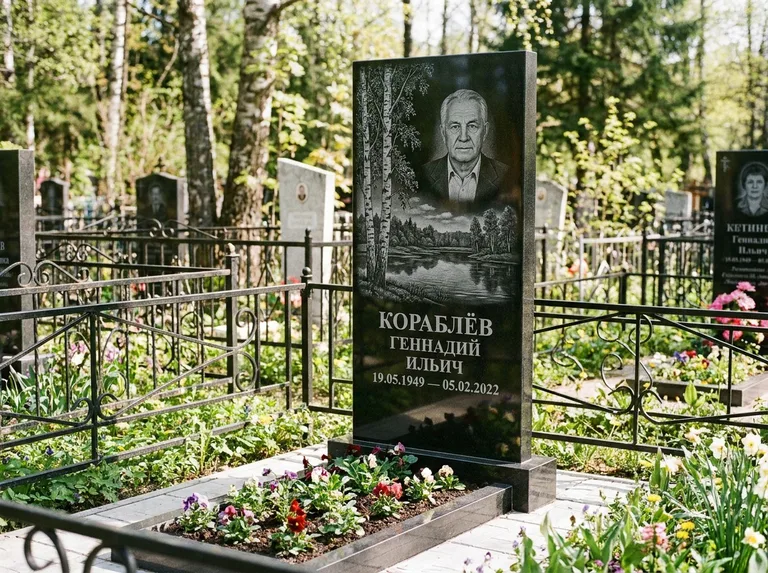 Памятник с гравировкой берёзы — гравировка берёзы у зеркального озера, работа «Кораблёв» в Москве