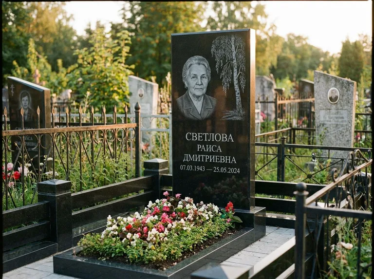 Памятник с гравировкой берёзы — гравировка плакучей берёзы с тонкими ветвями, работа «Светлова» в Москве