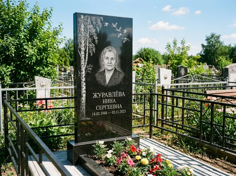Памятник с гравировкой берёзы — гравировка берёзы с журавлиным клином в небе, работа «Журавлёва» в Москве