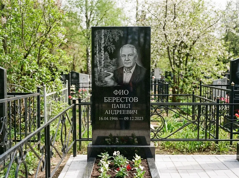 Памятник с гравировкой берёзы — гравировка берёзы у тропинки, уходящей вдаль, работа «Берестов» в Москве