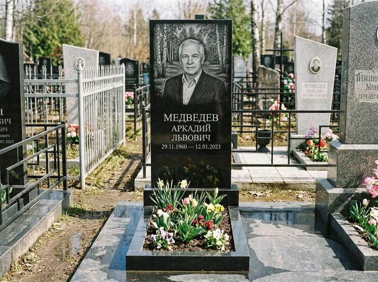 Памятник с гравировкой берёзы — гравировка берёзовой рощи в глубину, работа «Медведев» в Москве