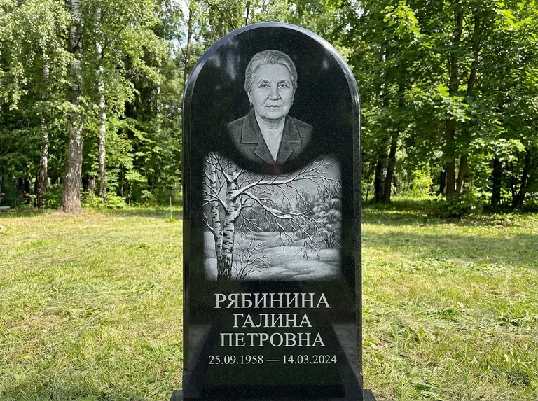 Памятник с гравировкой берёзы: стела с плавным арочным верхом — зимняя берёза, снег на ветвях, газон без ограды, стриженая трава, работа «Рябинина» в Москве
