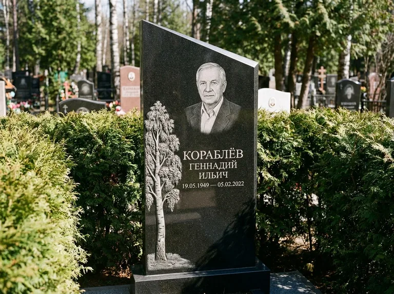 Памятник с гравировкой берёзы: асимметричная скошенная стела — объёмная одинокая берёза с фактурной корой, живая изгородь из туи, работа «Кораблёв» в Москве