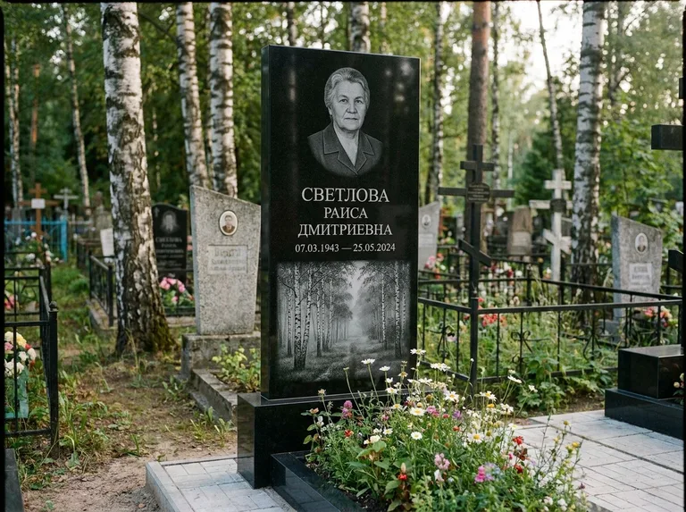 Памятник с гравировкой берёзы: двойная семейная стела — берёзовая роща в лёгкой дымке, цветник с полевыми цветами, работа «Светлова» в Москве