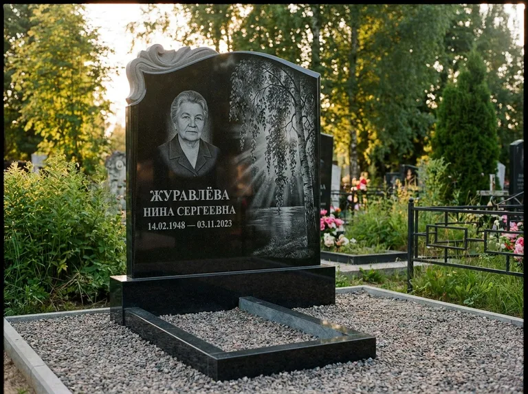 Памятник с гравировкой берёзы: стела с фигурным резным верхом — плакучая берёза в контровом свете, гравийная отсыпка, рассвет, работа «Журавлёва» в Москве