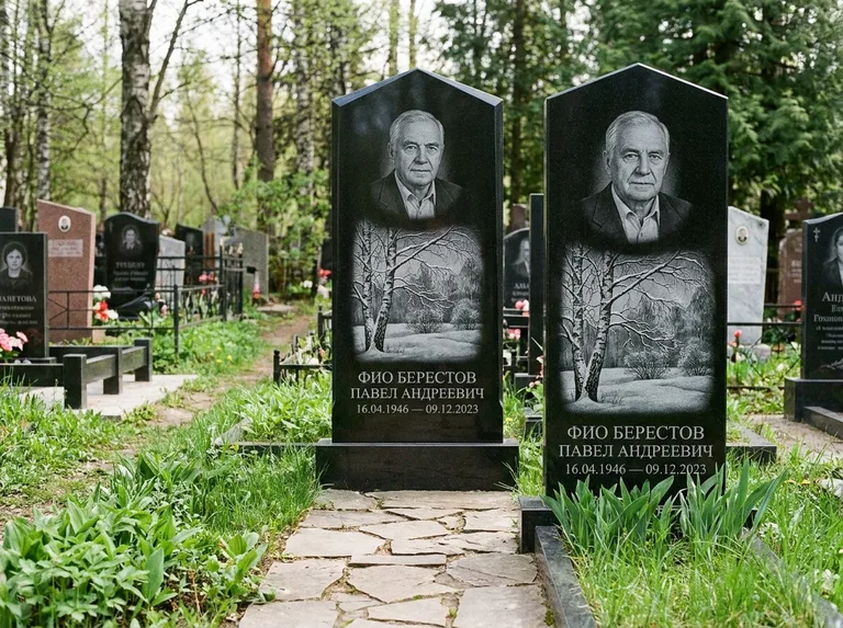 Памятник с гравировкой берёзы: массивная стела с двускатным навершием — зимняя берёза, снег на ветвях, дорожка из природного плитняка, работа «Берестов» в Москве