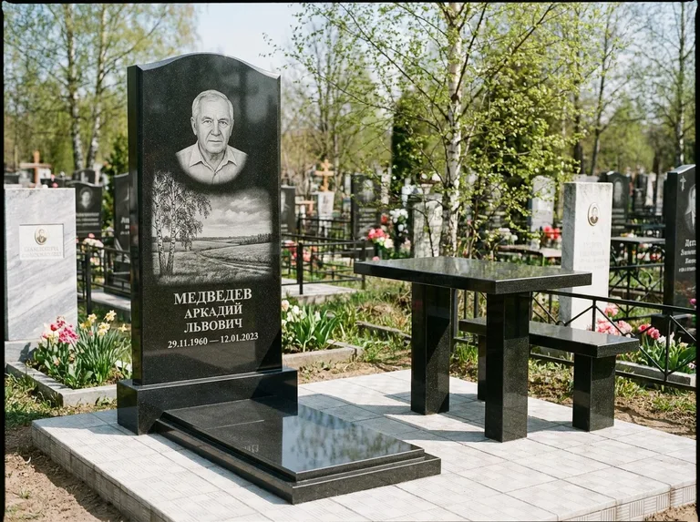Памятник с гравировкой берёзы: стела с гранитным столиком и скамьёй — берёза у поля, простор до горизонта, семейный участок с плиткой, работа «Медведев» в Москве