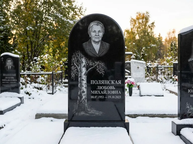 Памятник с гравировкой берёзы: полукруглая стела — объёмная одинокая берёза с фактурной корой, заснеженный зимний участок, работа «Полянская» в Москве