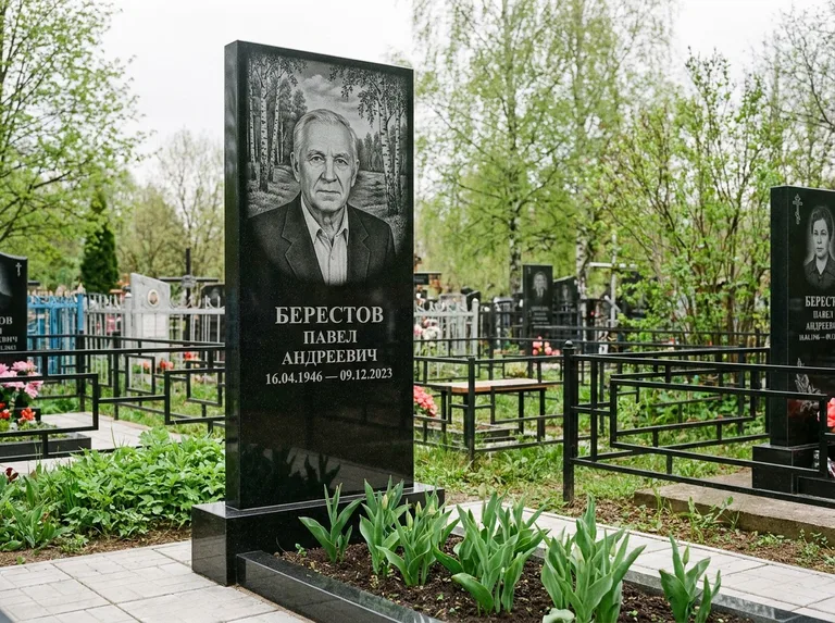 Памятник с гравировкой берёзы — гравировка берёзовой рощи в глубину, работа «Берестов» в Москве
