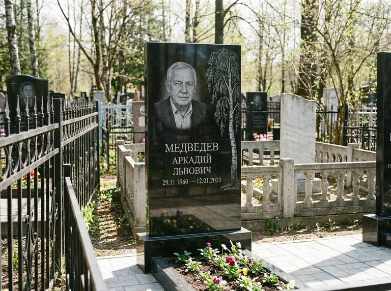 Памятник с гравировкой берёзы — гравировка плакучей берёзы с тонкими ветвями, работа «Медведев» в Москве