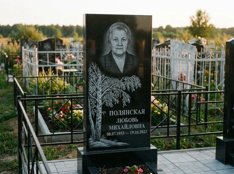 Памятник с гравировкой берёзы — гравировка зимней берёзы в инее, работа «Полянская» в Москве