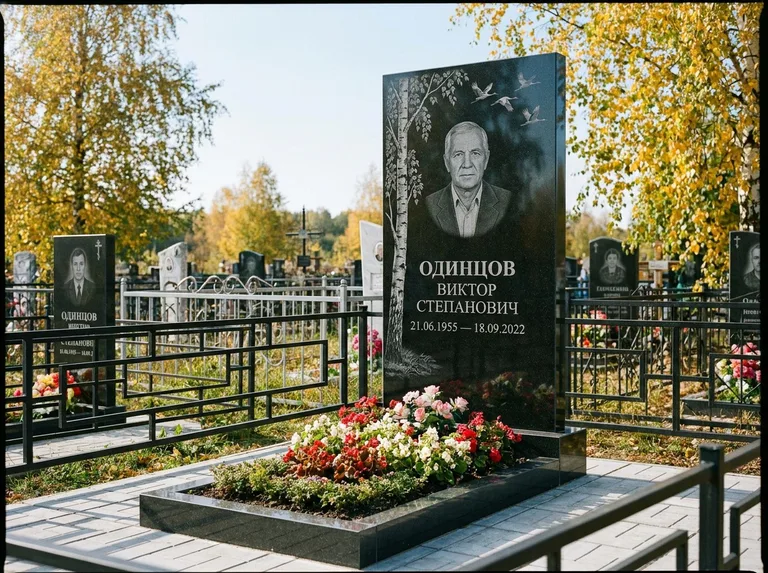 Памятник с гравировкой берёзы — гравировка берёзы с журавлиным клином в небе, работа «Одинцов» в Москве
