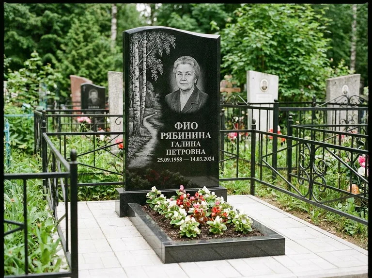 Памятник с гравировкой берёзы — гравировка берёзы у тропинки, уходящей вдаль, работа «Рябинина» в Москве