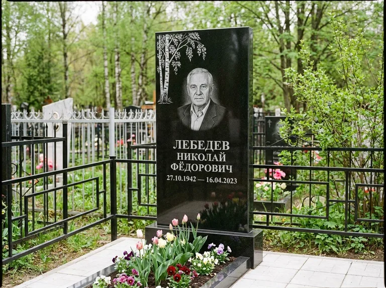 Памятник с гравировкой берёзы — гравировка одинокой берёзы над именем, работа «Лебедев» в Москве