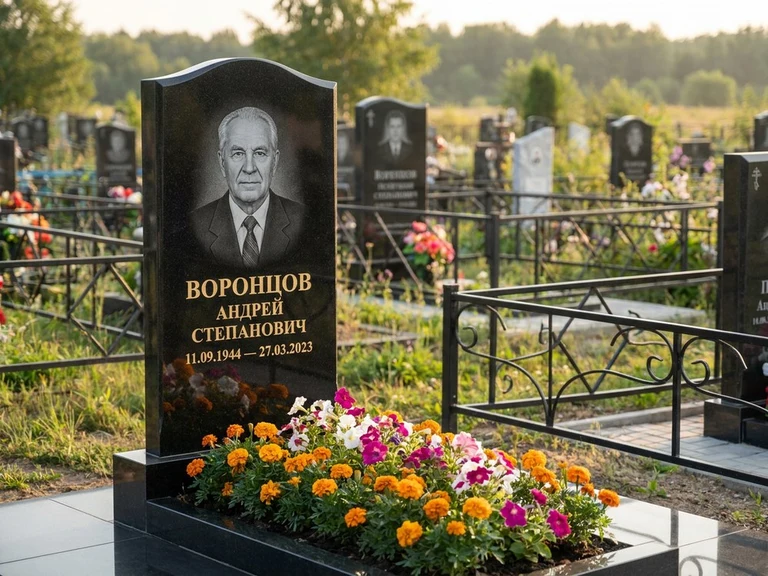 Гравировка фото на памятнике в Москве — готовый гравированный портрет на чёрном граните