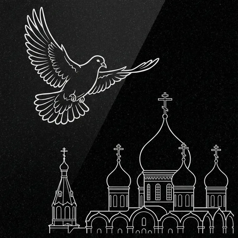 Эскиз гравировки голубей на памятник — голубь в небе над храмом в Москве