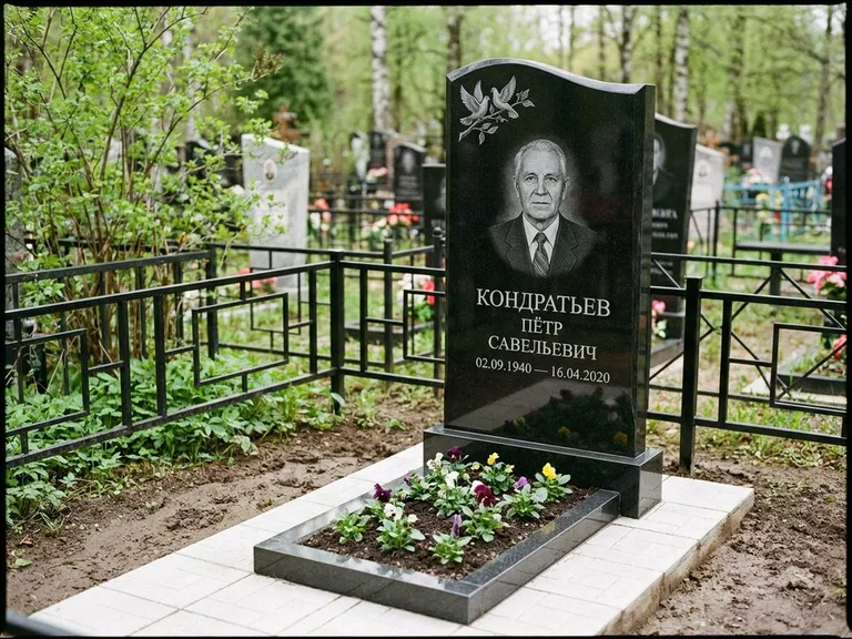 Памятник с гравировкой голубей — гравировка пары голубей на ветке в верхнем углу стелы, работа «Кондратьев» в Москве