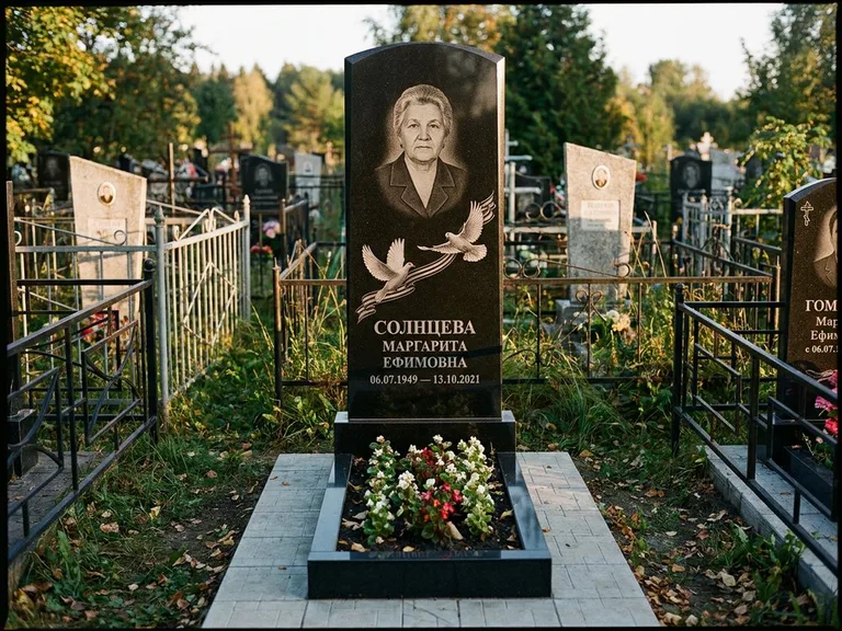 Памятник с гравировкой голубей — гравировка двух летящих голубей с лентой по диагонали стелы, работа «Солнцева» в Москве