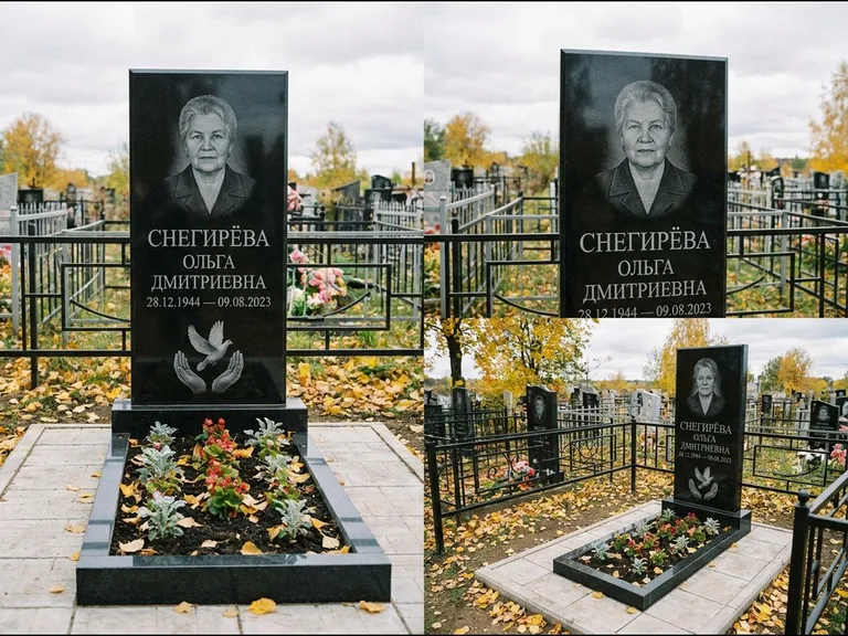 Памятник с гравировкой голубей — гравировка голубя над раскрытыми ладонями внизу стелы, работа «Снегирёва» в Москве