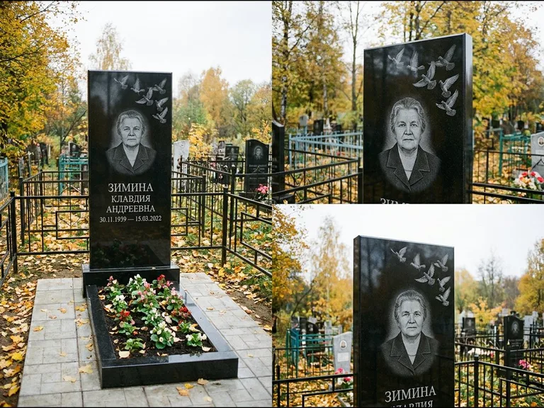 Памятник с гравировкой голубей — гравировка стаи голубей, взлетающей от угла стелы, работа «Зимина» в Москве