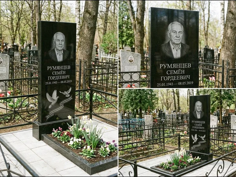 Памятник с гравировкой голубей — гравировка двух летящих голубей с лентой по диагонали стелы, работа «Румянцев» в Москве