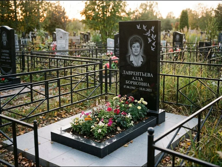 Памятник с гравировкой голубей — гравировка стаи голубей, взлетающей от угла стелы, работа «Лаврентьева» в Москве