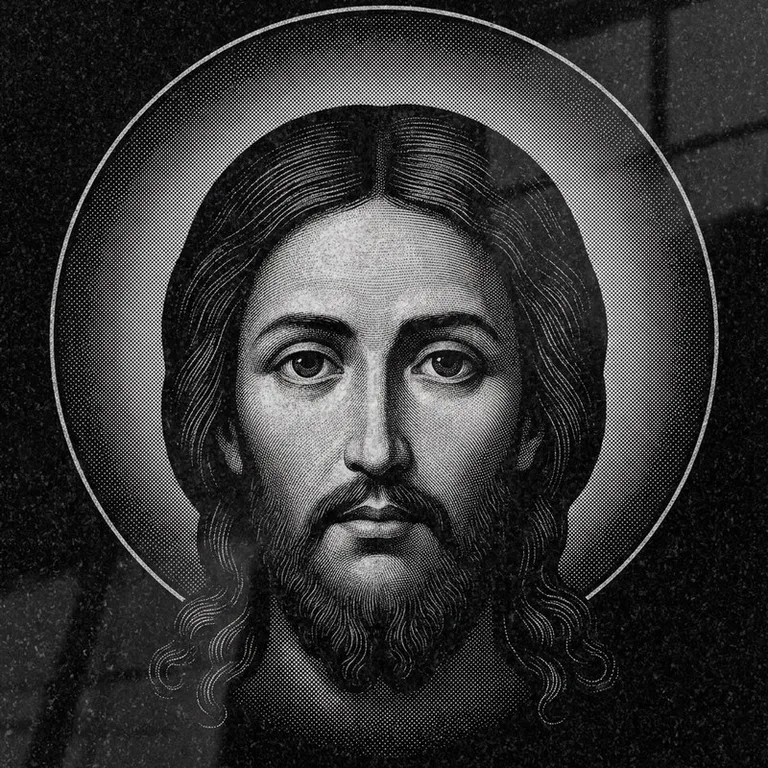 Эскиз иконы: Спас Нерукотворный (полутон) — детальный лик на убрусе, гравировка на памятник в Москве