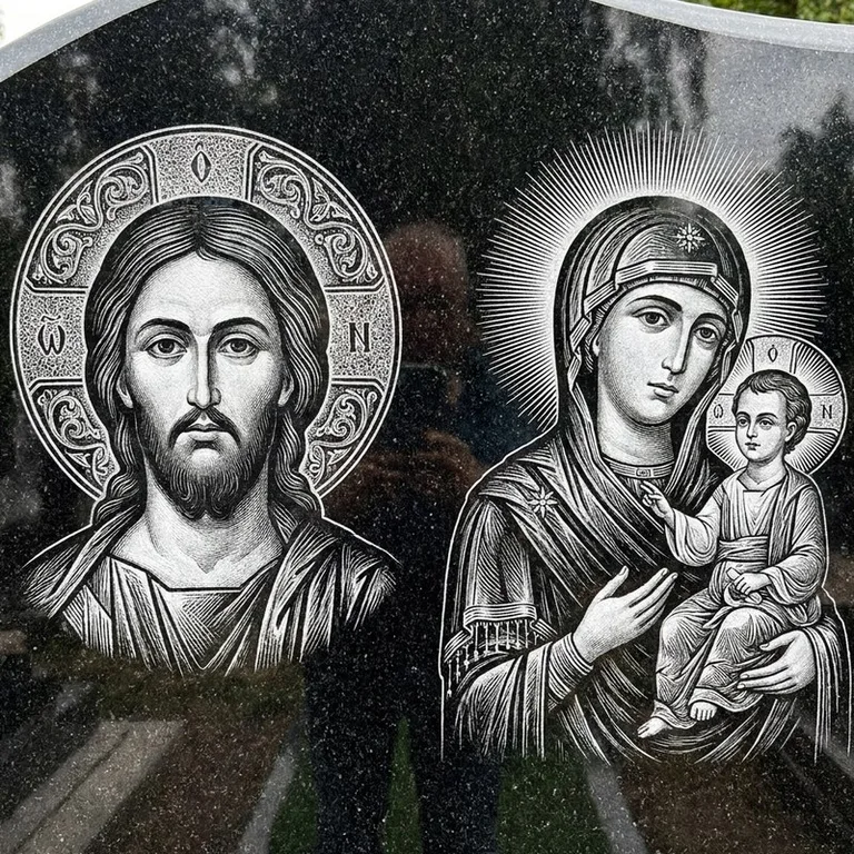 Эскиз иконы: Спаситель и Богородица — парные образы симметрично, гравировка на памятник в Москве