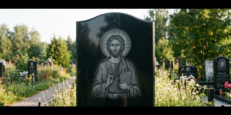 Иконы для гравировки на памятник в Москве — образ на стеле из чёрного гранита с ручной доводкой лика