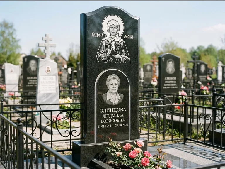 Памятник с гравировкой иконы — Владимирская икона Божией Матери с Младенцем, работа «Зотов» в Москве
