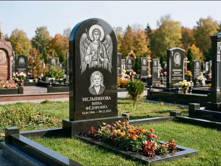 Памятник с гравировкой иконы — икона над портретом усопшего, работа «Журавлёв» в Москве