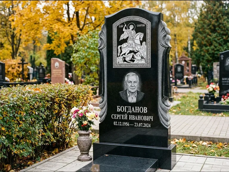 Памятник с гравировкой иконы — икона Спаса Вседержителя над именем усопшего, работа «Лебедева» в Москве
