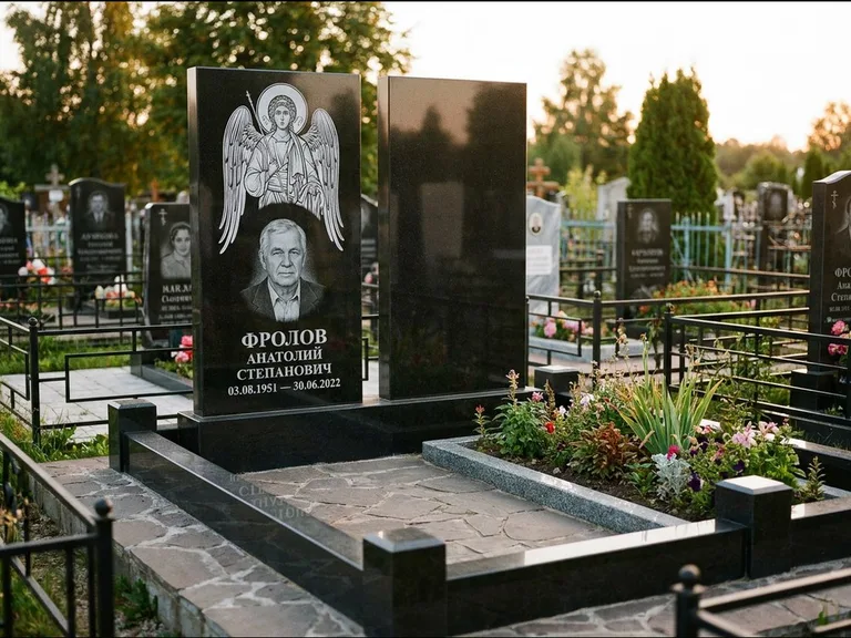 Памятник с гравировкой иконы: стела с резной рамкой вокруг иконы — Архангел Михаил на стеле, белая мраморная крошка с бордюром, работа «Богданова» в Москве