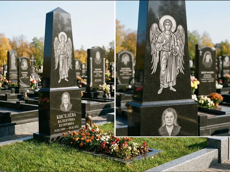 Памятник с гравировкой иконы: асимметричная скошенная стела — гравировка образа Спасителя, живая изгородь из кустарника, работа «Третьяков» в Москве