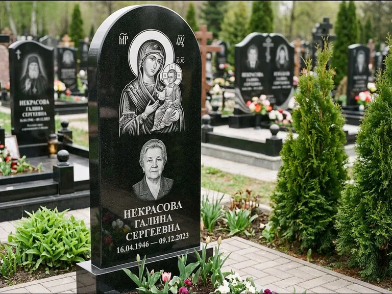 Памятник с гравировкой иконы: фигурная стела с киот-нишей под икону — икона в резной рамке-киоте, светлая гравийная отсыпка, работа «Журавлёв» в Москве