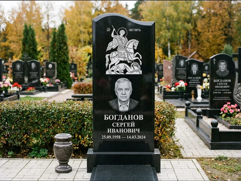 Памятник с гравировкой иконы: монументальный семейный мемориал из двух стел на общем цоколе — гравировка Николая Чудотворца, мощёная гранитная площадка без ограды, работа «Раевская» в Москве