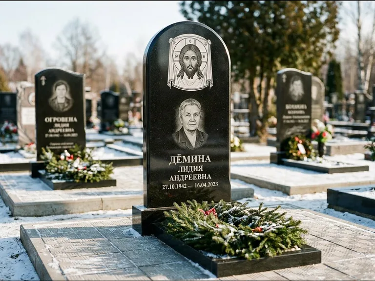 Памятник с гравировкой иконы — икона Спаса Вседержителя над именем усопшего, работа «Ковалёв» в Москве