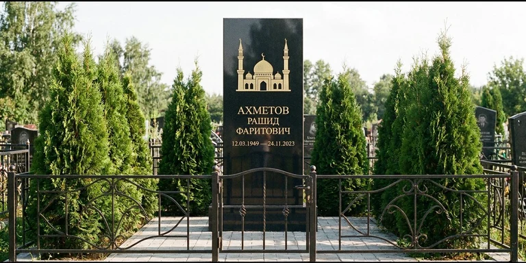 Гравировка мечети на памятник в Москве — стела из чёрного гранита, оформление по канонам ислама