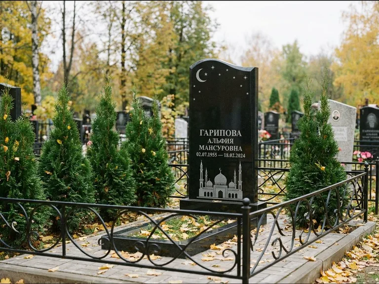 Мусульманский памятник с гравировкой мечети — мечеть с луной в ночном небе, работа «Гарипова» в Москве