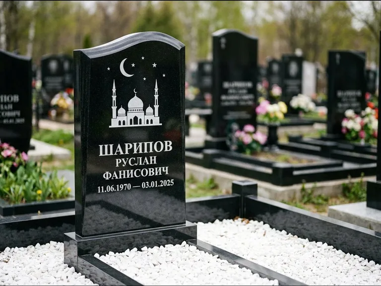 Мусульманский памятник с гравировкой мечети: стела с волнообразным скошенным верхом — гравировка мечети под полумесяцем и звёздами, белая мраморная крошка с бордюром, работа «Шарипов» в Москве